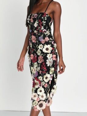 Lulus 3D Floral Embroidered Black Midi Dress